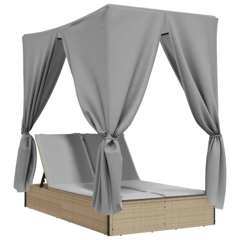 vidaXL divvietīgs sauļošanās krēsls ar jumtu un aizkariem, bēša PE