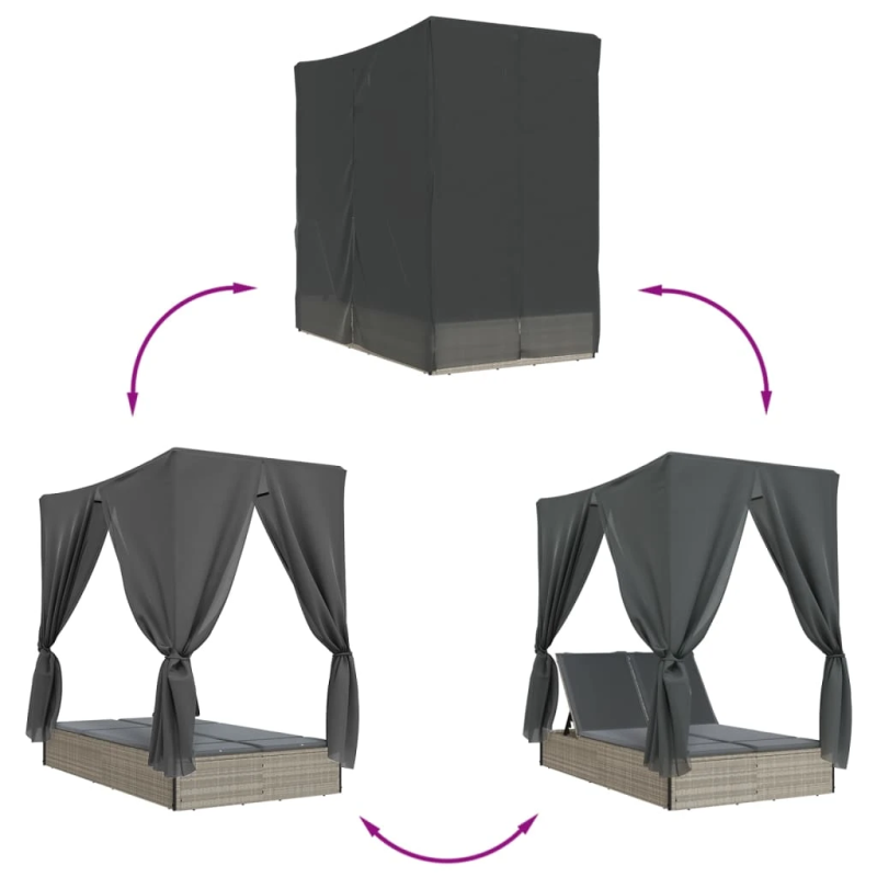 vidaXL divvietīgs sauļošanās krēsls ar jumtu un aizkariem, PE