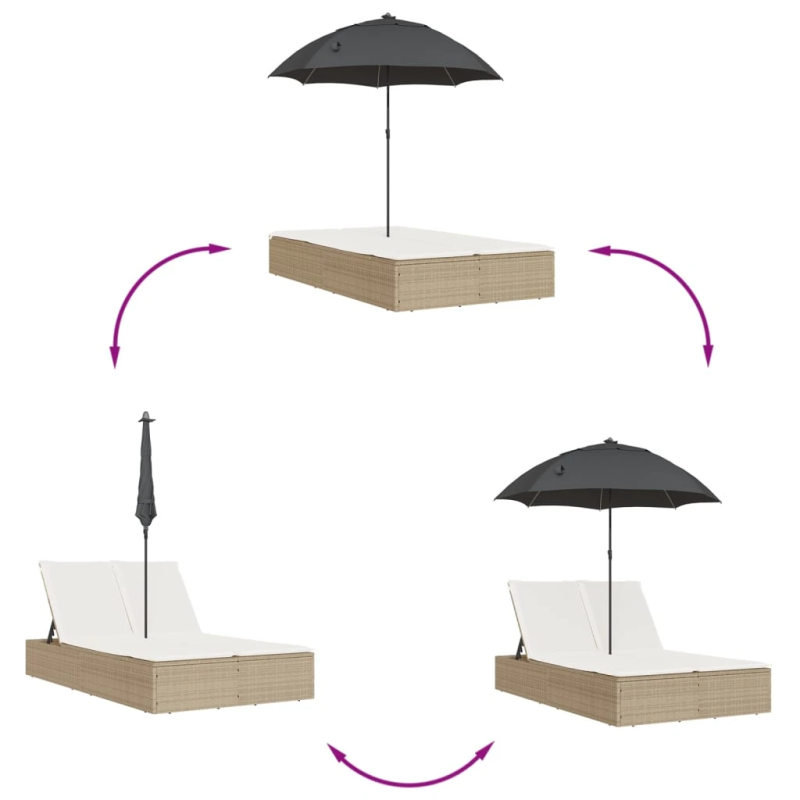 vidaXL divvietīgs sauļošanās krēsls ar matračiem, bēša PE rotangpalma