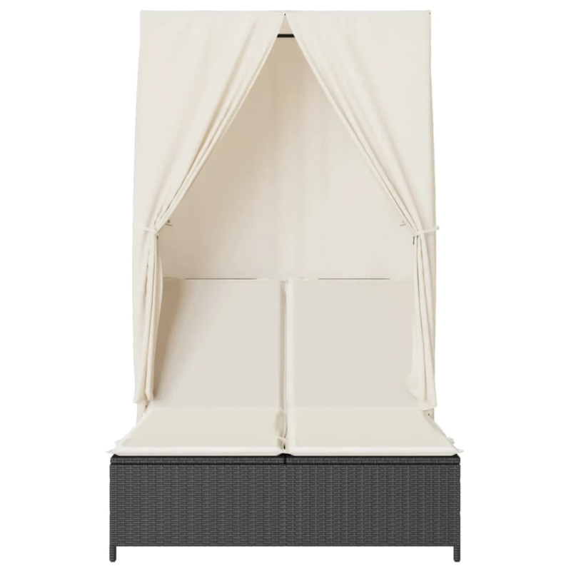 vidaXL divvietīgs sauļošanās krēsls ar jumtu un aizkariem, melns PE