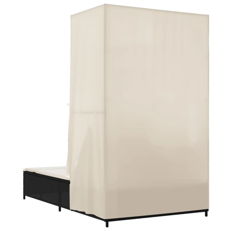 vidaXL divvietīgs sauļošanās krēsls ar jumtu un aizkariem, melns PE