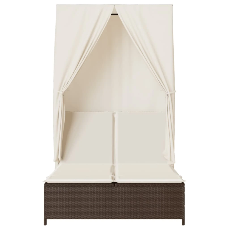 vidaXL divvietīgs sauļošanās krēsls ar jumtu un aizkariem, brūna PE