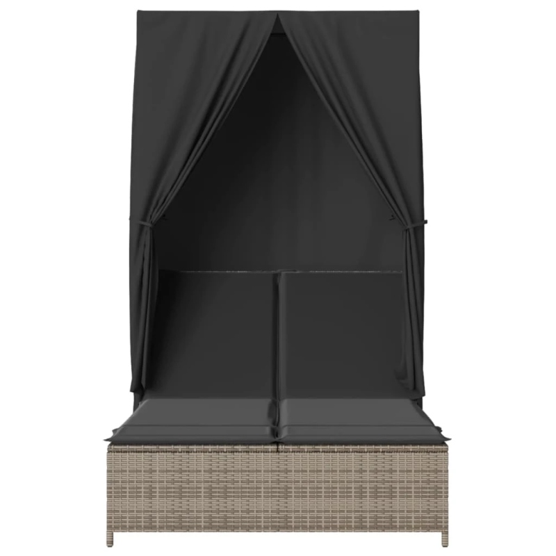 vidaXL divvietīgs sauļošanās krēsls ar jumtu un aizkariem, pelēka PE