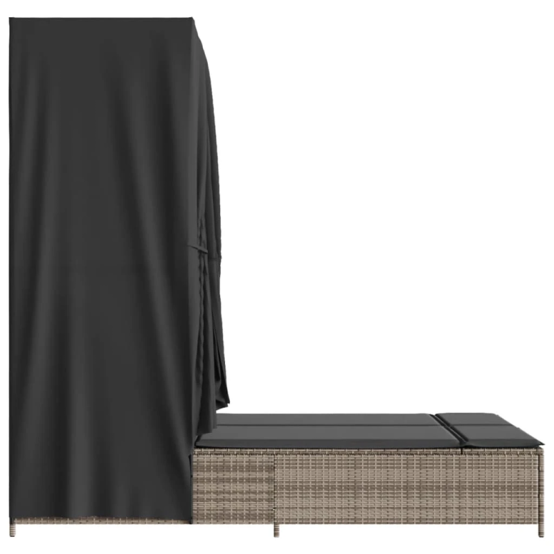 vidaXL divvietīgs sauļošanās krēsls ar jumtu un aizkariem, pelēka PE