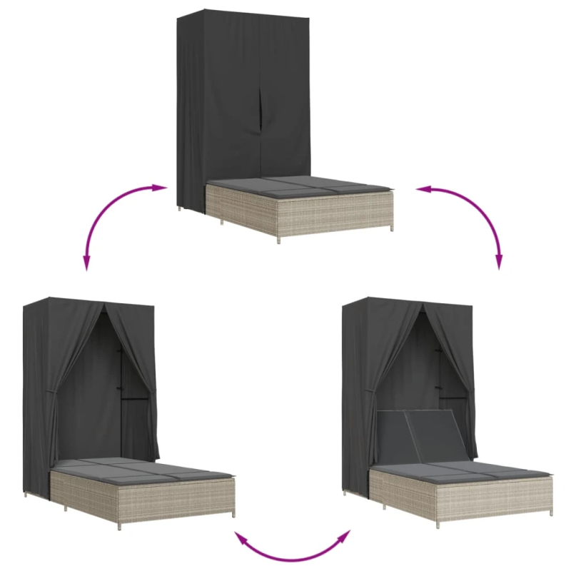 vidaXL divvietīgs sauļošanās krēsls ar jumtu un aizkariem, PE