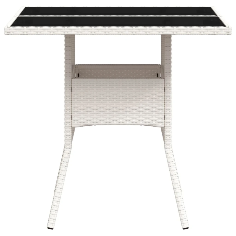 vidaXL dārza galds ar stikla virsmu, balts, 80x80x75cm, PE rotangpalma