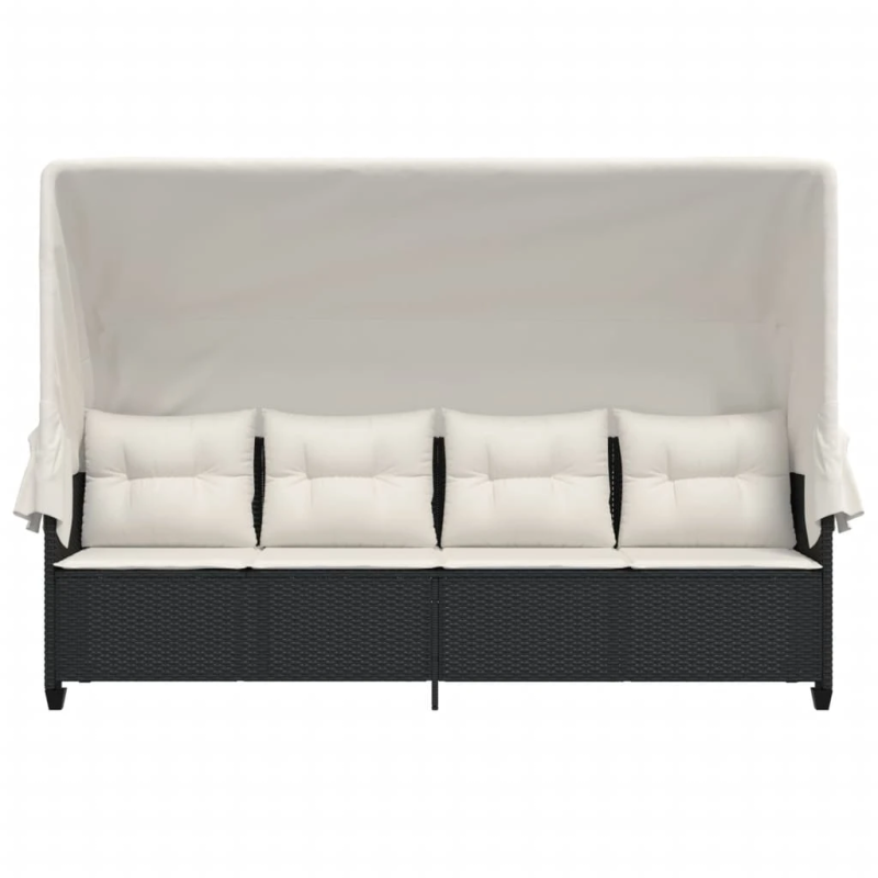 vidaXL sauļošanās zvilnis ar jumtiņu, matračiem, melna PE rotangpalma