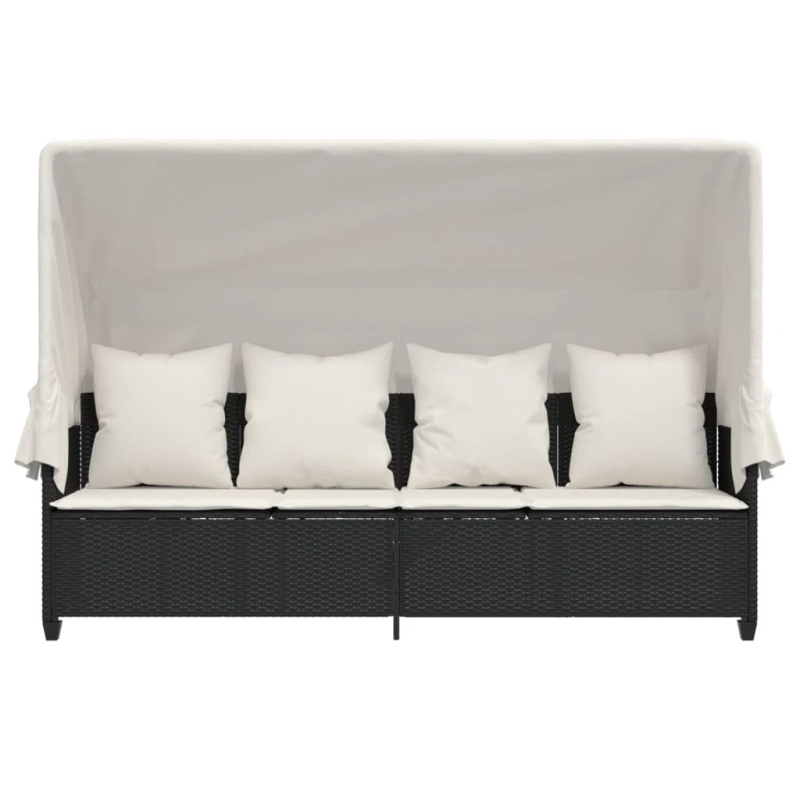 vidaXL sauļošanās zvilnis ar jumtiņu, matračiem, melna PE rotangpalma