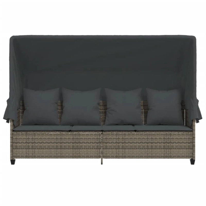 vidaXL sauļošanās zvilnis ar jumtiņu, matračiem, pelēka PE rotangpalma