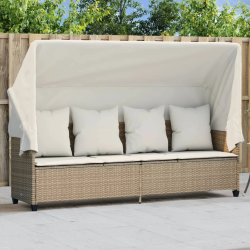 vidaXL sauļošanās zvilnis ar jumtiņu, matračiem, bēša PE rotangpalma