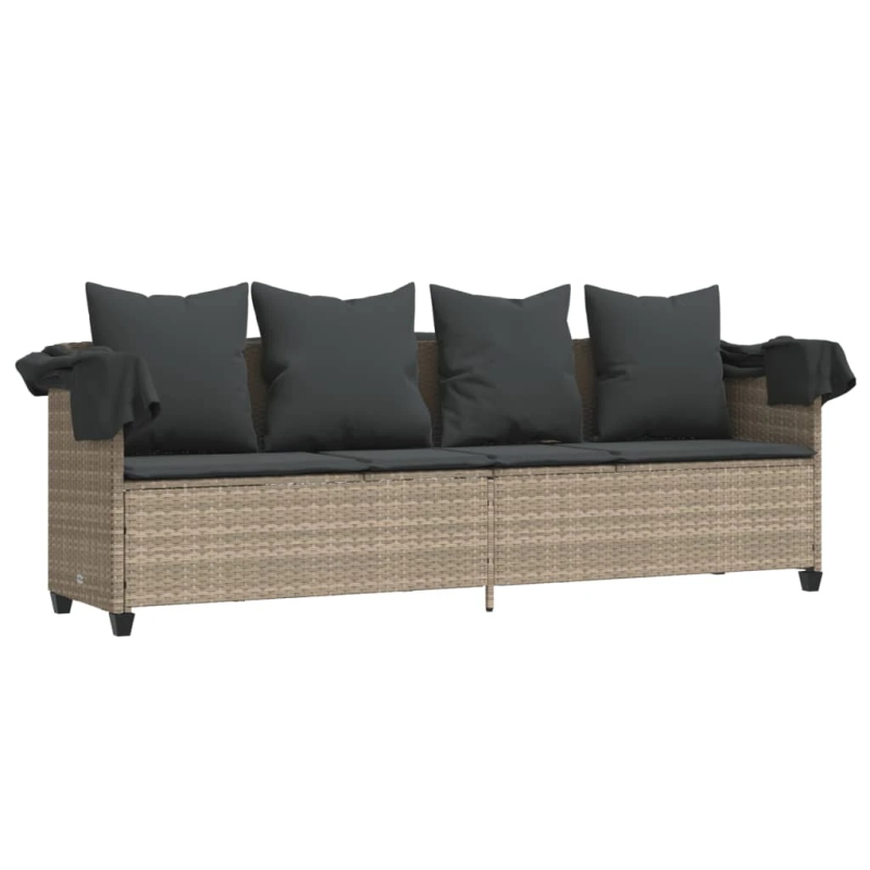 vidaXL sauļošanās zvilnis ar jumtiņu, matračiem, pelēka PE rotangpalma