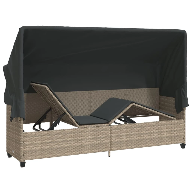 vidaXL sauļošanās zvilnis ar jumtiņu, matračiem, pelēka PE rotangpalma