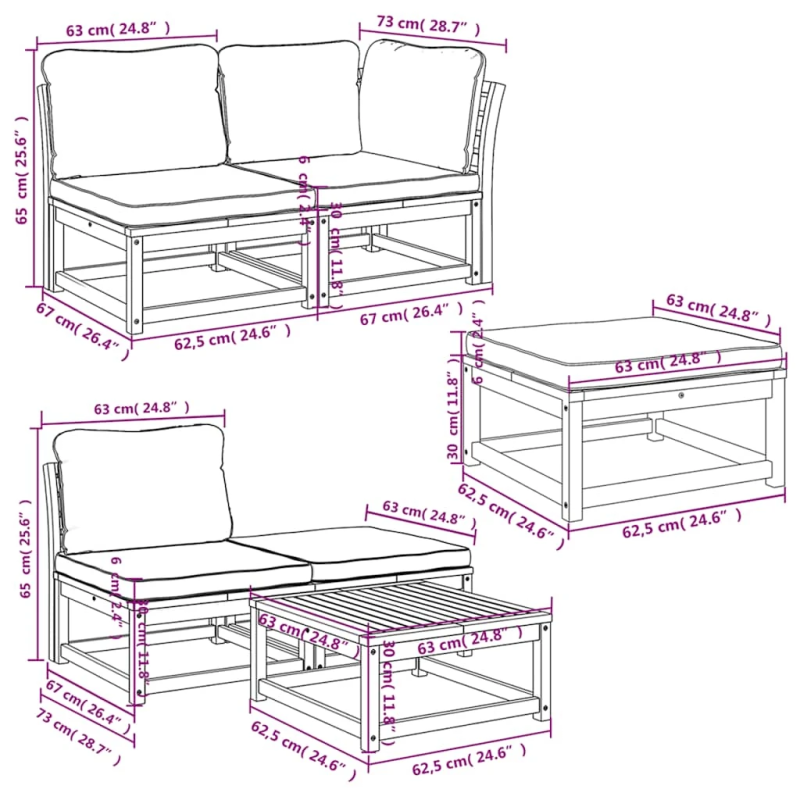 vidaXL 6-daļīgs dārza atpūtas mēbeļu komplekts ar matračiem, akācija