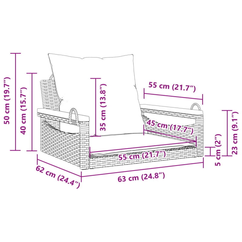 vidaXL šūpoļu sols ar spilveniem, melns, 63x62x40 cm, PE rotangpalma