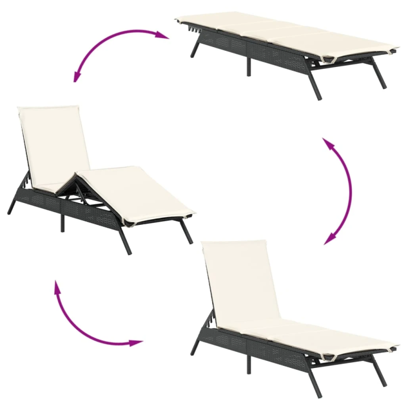 vidaXL sauļošanās zvilnis ar matraci, melna PE rotangpalma