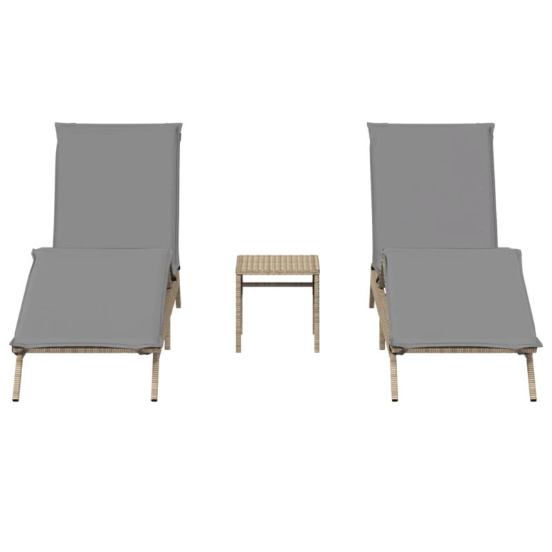 vidaXL sauļošanās zviļņi, 2 gab., ar galdiņu, bēša PE rotangpalma