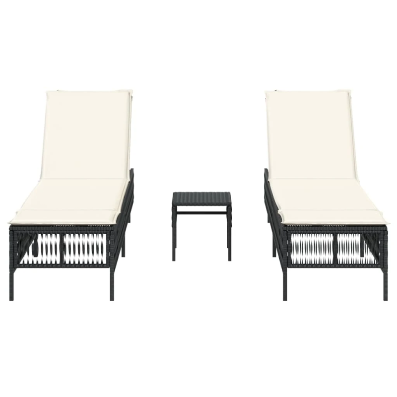 vidaXL sauļošanās zviļņi, 2 gab., ar galdiņu, melna PE rotangpalma