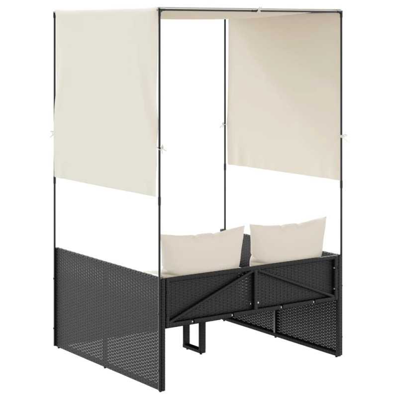 vidaXL divvietīgs sauļošanās krēsls ar jumtu un aizkariem, melns PE