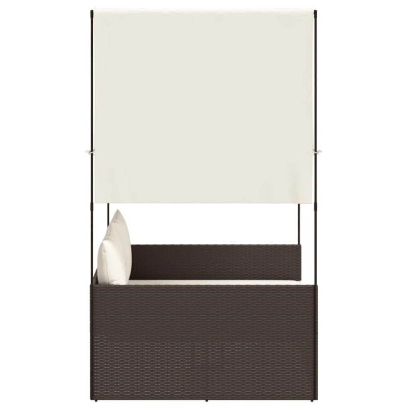 vidaXL divvietīgs sauļošanās krēsls ar jumtu un aizkariem, brūna PE