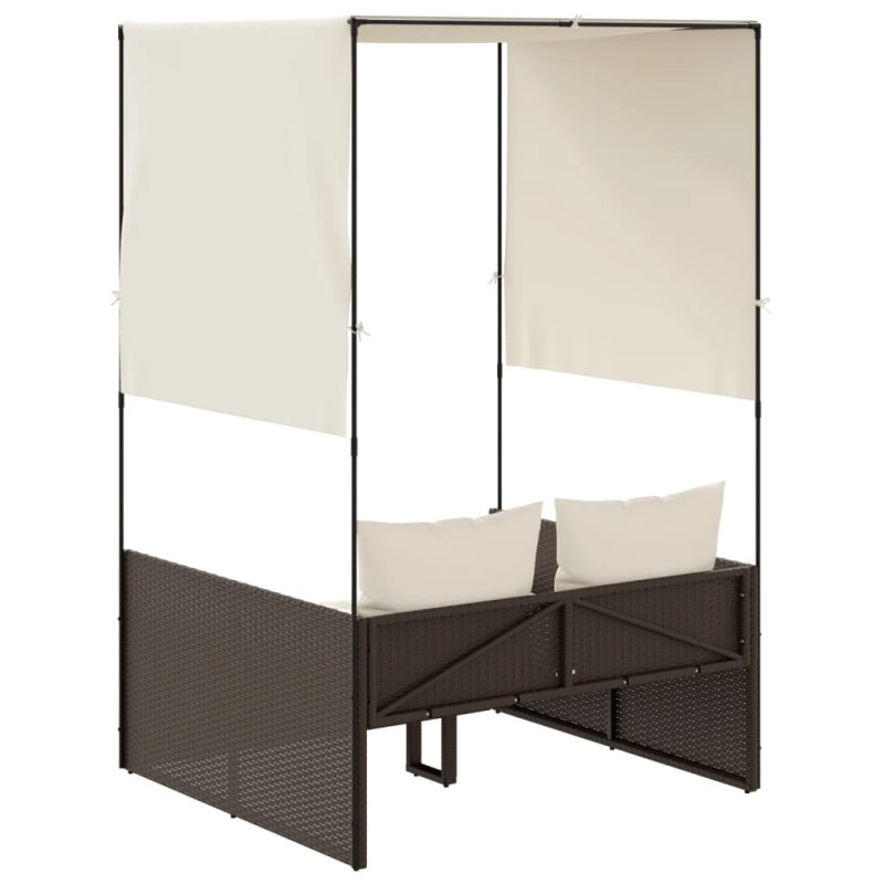 vidaXL divvietīgs sauļošanās krēsls ar jumtu un aizkariem, brūna PE