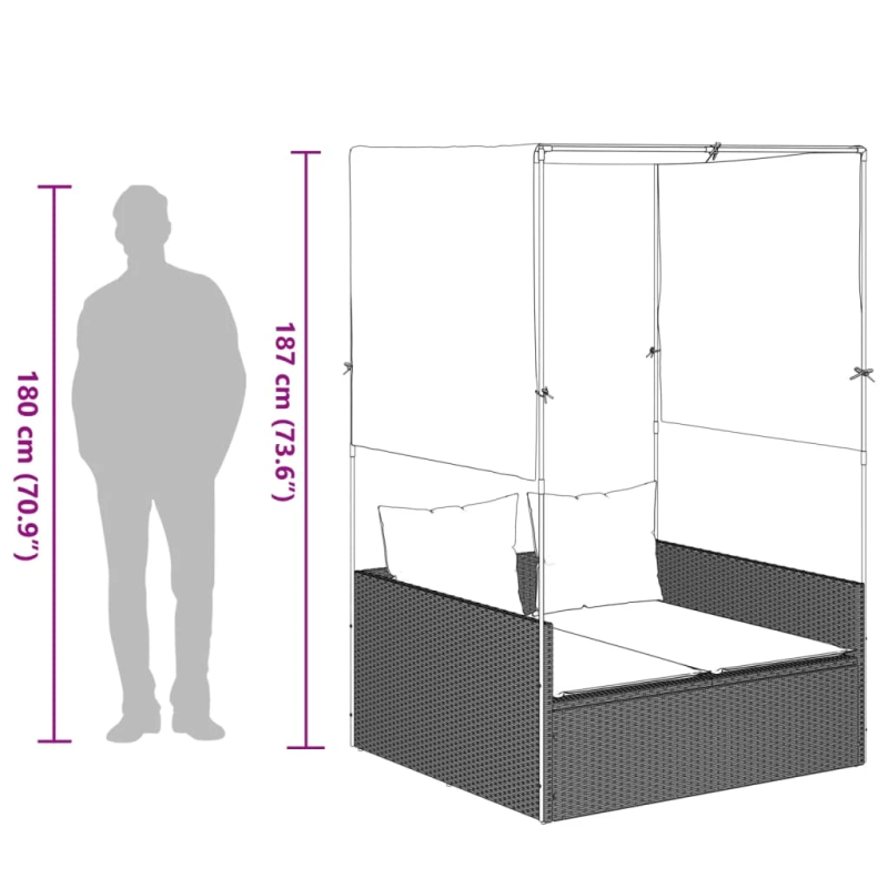 vidaXL divvietīgs sauļošanās krēsls ar jumtu un aizkariem, PE