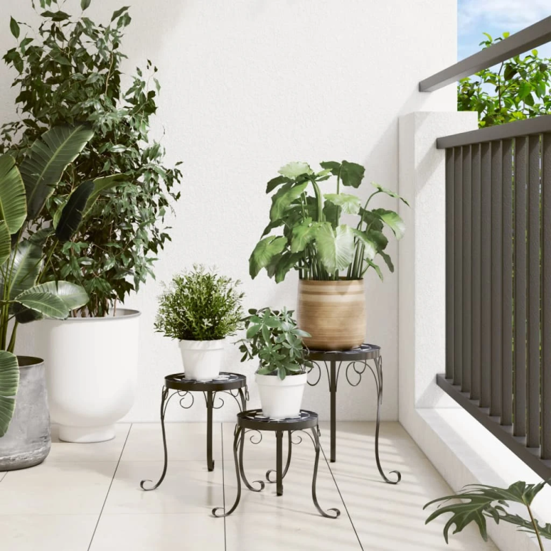 vidaXL augu galdi, 3 gab., melni ar baltu, keramika