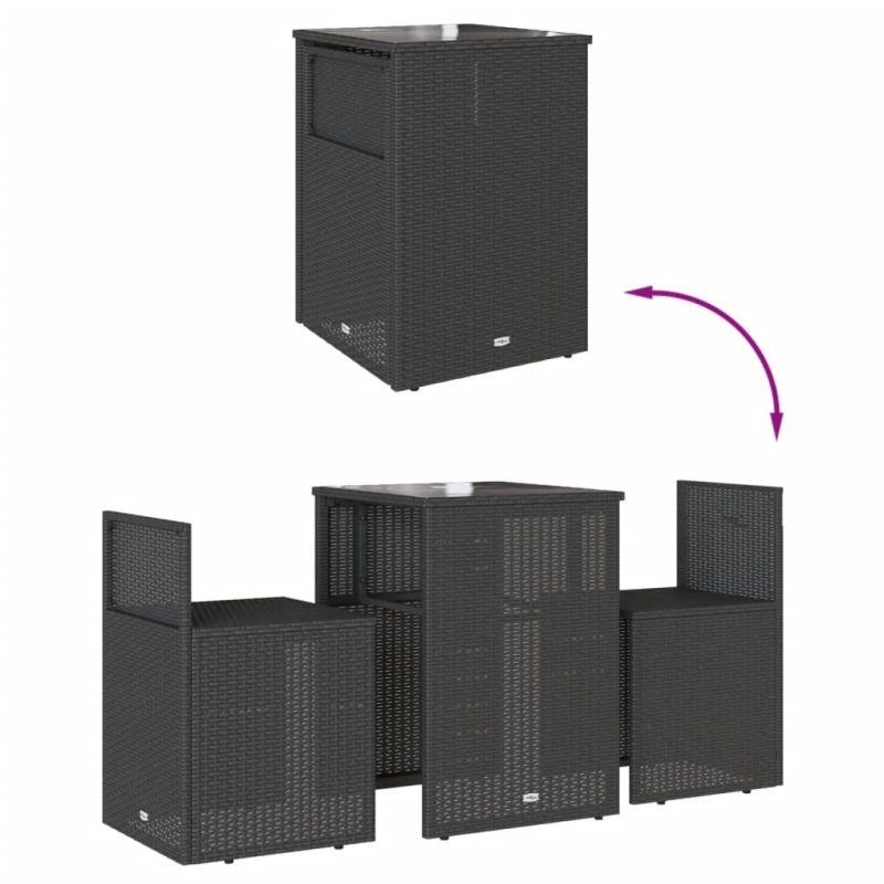 vidaXL 3-daļīgs bistro mēbeļu komplekts, matrači, melna PE rotangpalma