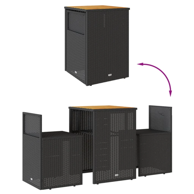 vidaXL 3-daļīgs bistro mēbeļu komplekts, matrači, melna PE rotangpalma