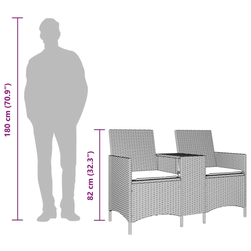 vidaXL divvietīgs dārza dīvāns ar galdiņu un spilveniem PE rotangpalma