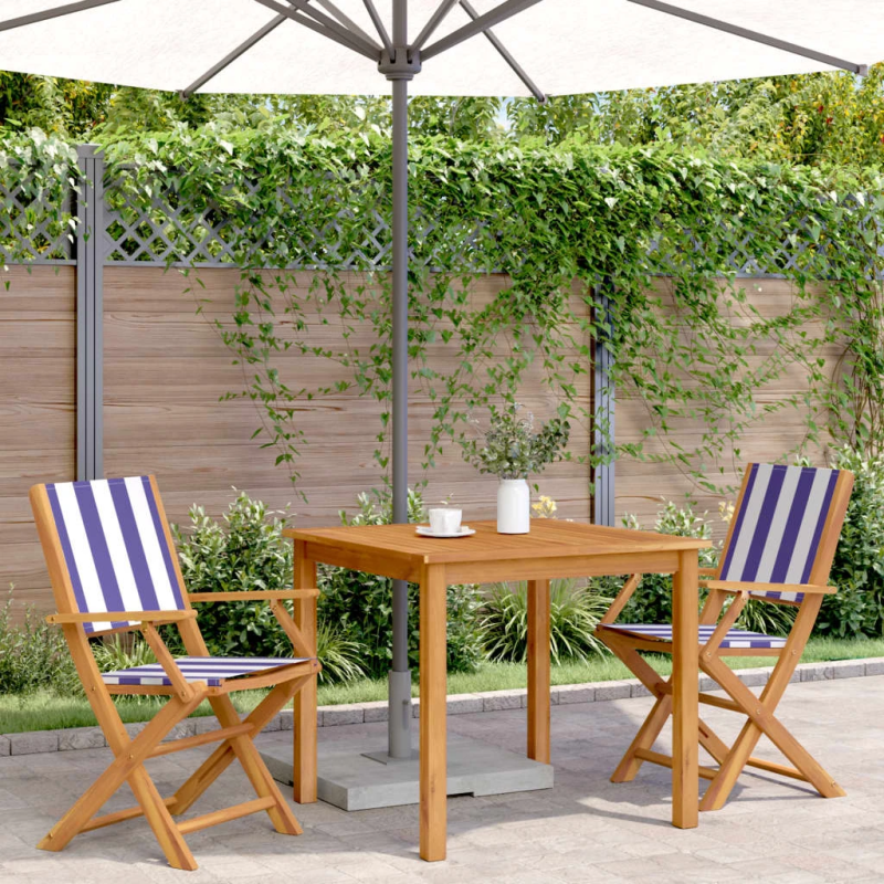 vidaXL dārza krēsli, 2 gab., zils ar baltu, akācijas masīvkoks, audums