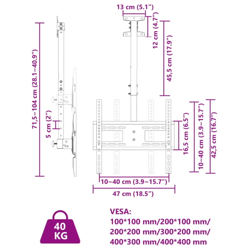 vidaXL TV griestu statīvs 32-65 collu ekrānam, VESA 400x400 mm, 40 kg