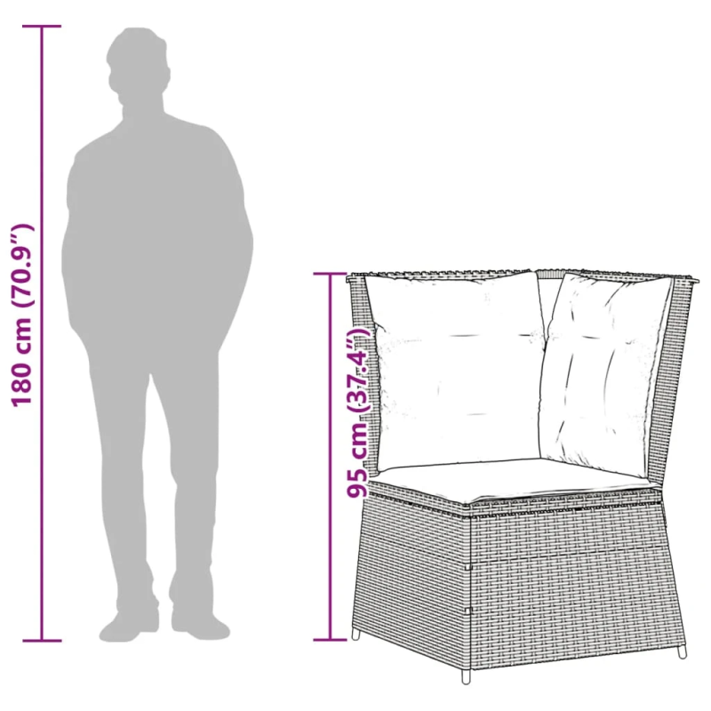 vidaXL dārza stūra dīvāns ar spilveniem, melna PE rotangpalma