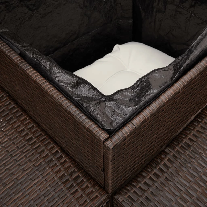 vidaXL dārza dīvāns ar galdiņu un spilveniem, brūna PE rotangpalma