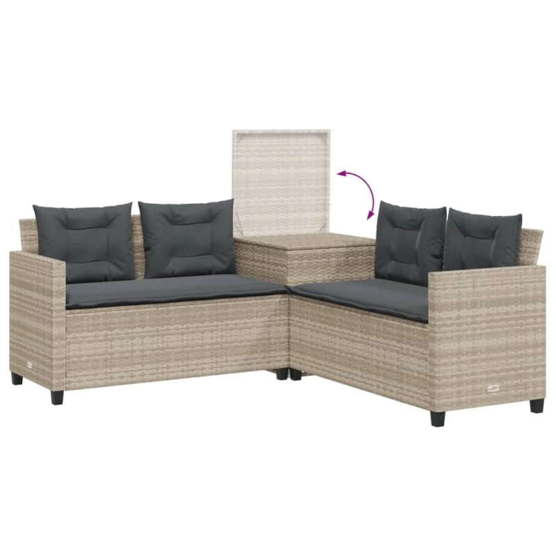 vidaXL dārza dīvāns ar galdiņu un spilveniem, pelēka PE rotangpalma