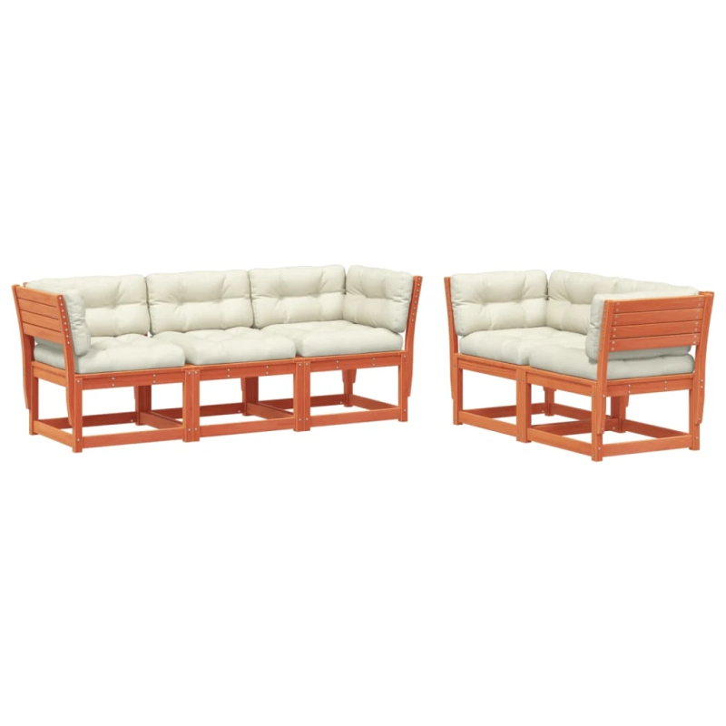 vidaXL 5-daļīgs dārza dīvānu komplekts, matrači, brūns priedes koks