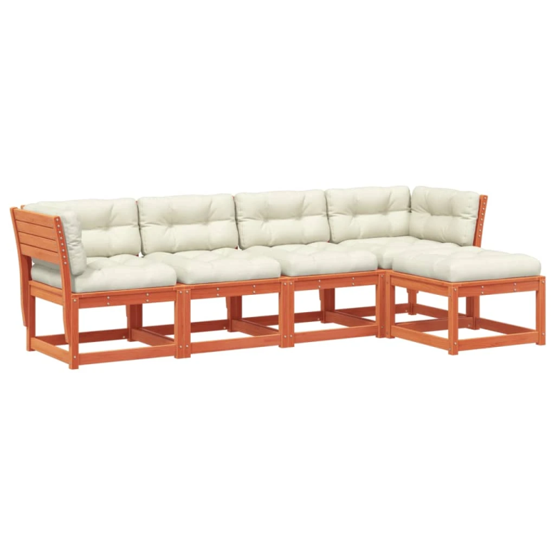 vidaXL 5-daļīgs dārza dīvānu komplekts, matrači, brūns priedes koks