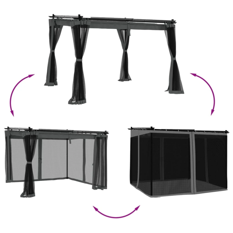 vidaXL dārza nojume ar tīkla sienām, 3x3 m, tērauds, antracītpelēka