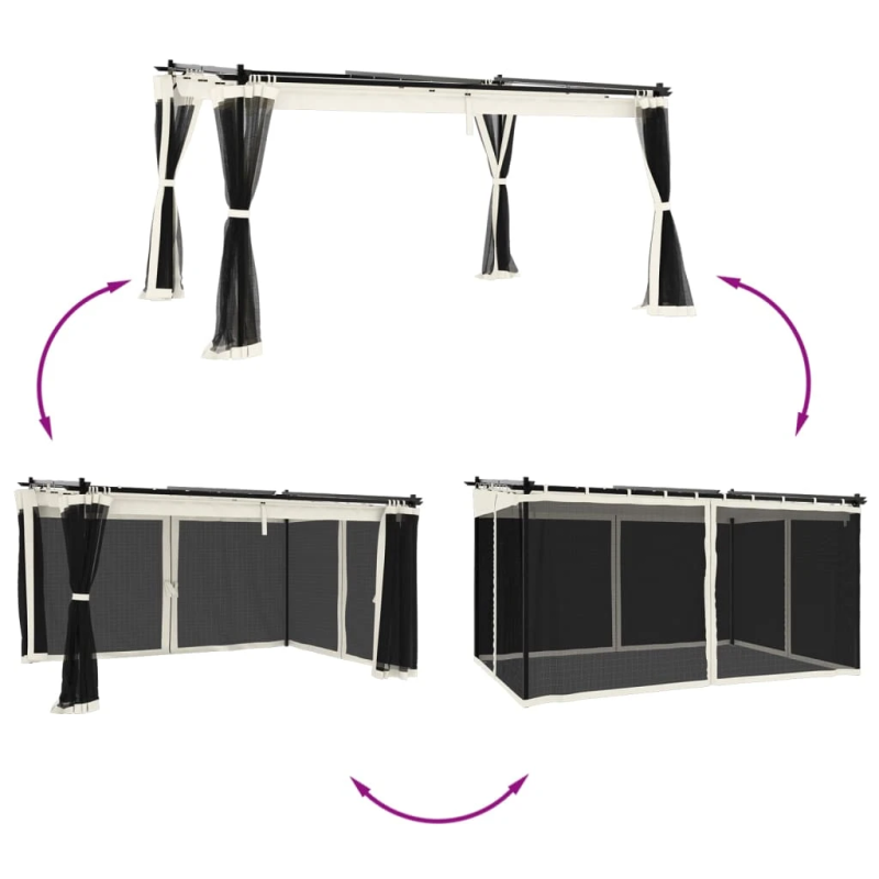 vidaXL dārza nojume ar tīkla sienām, 4x3 m, tērauds, krēmkrāsas