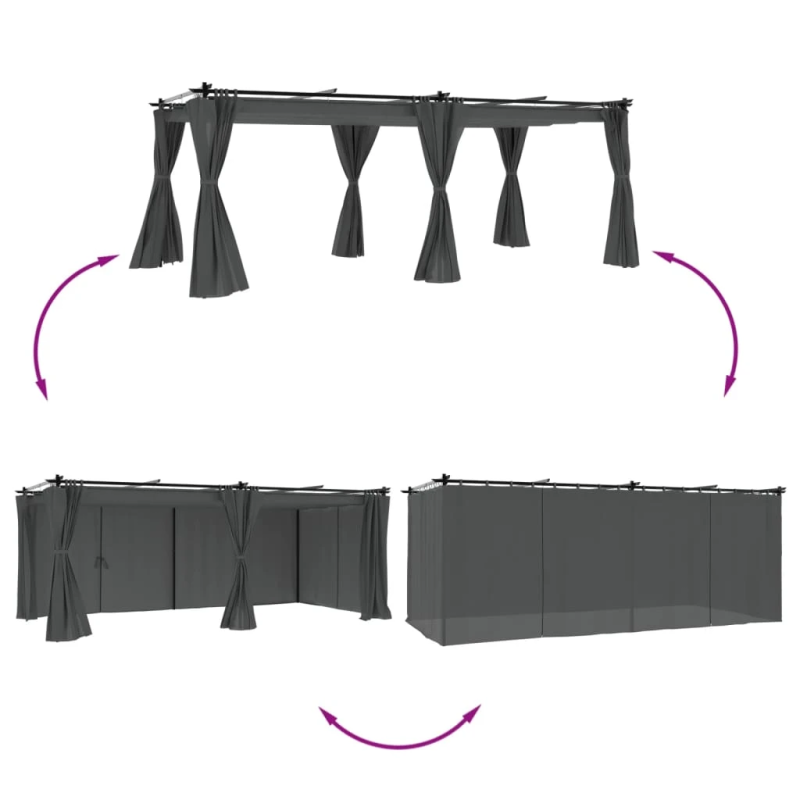 vidaXL dārza nojume ar aizkariem, 6x3 m, tērauds, antracītpelēka