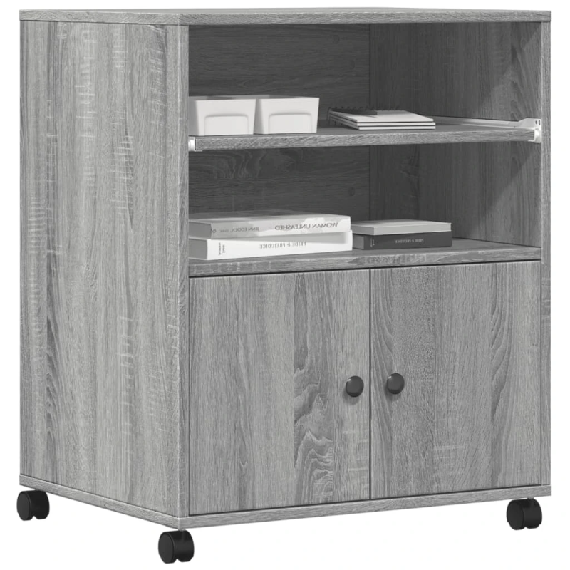 vidaXL printera statīvs ar riteņiem, pelēka ozola, 60x48x74 cm