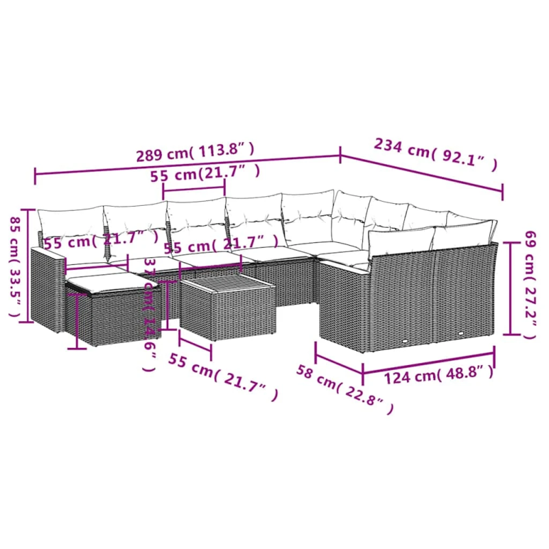 vidaXL 11-daļīgs dārza dīvāna komplekts, matrači, bēša PE rotangpalma