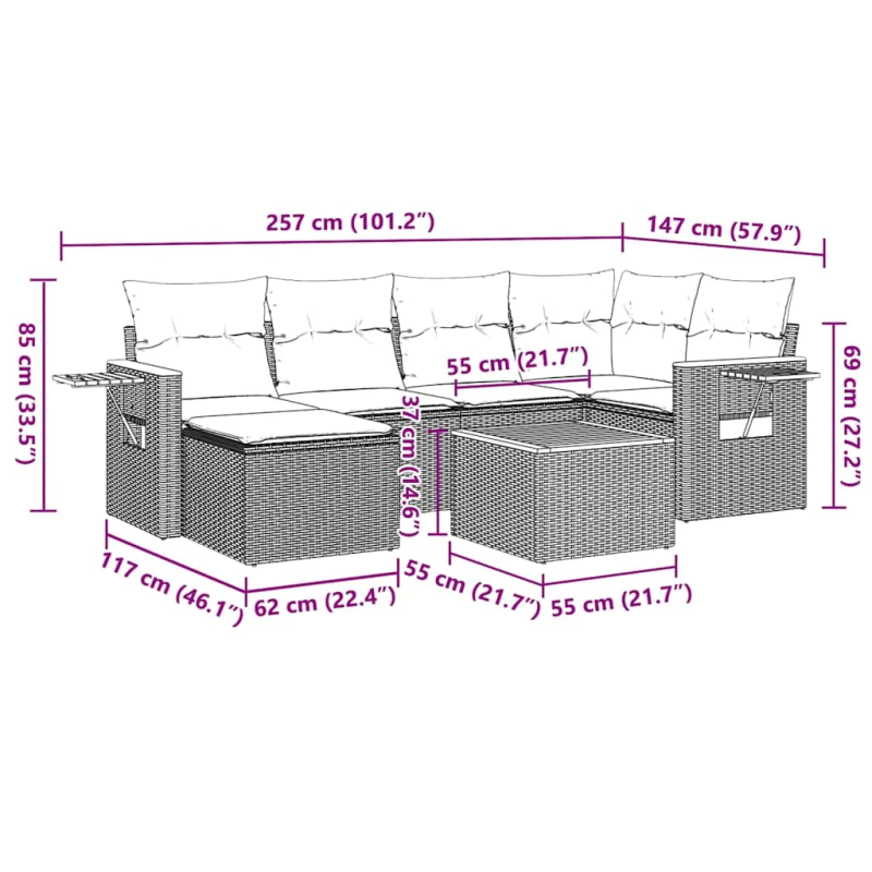vidaXL 7-daļīgs dārza dīvāna komplekts ar matračiem, melna PE
