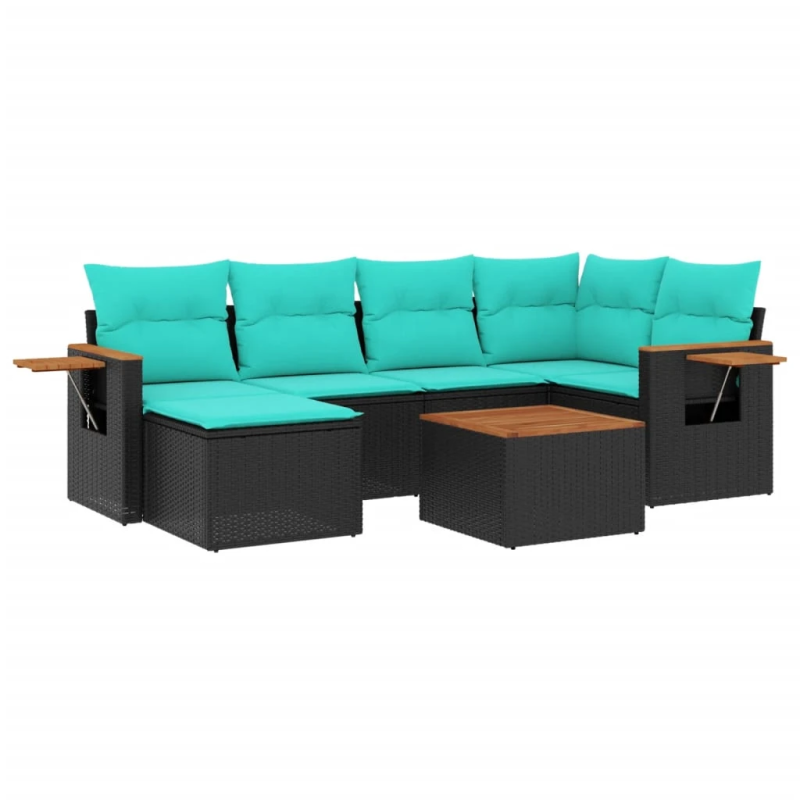 vidaXL 7-daļīgs dārza dīvāna komplekts ar matračiem, melna rotangpalma