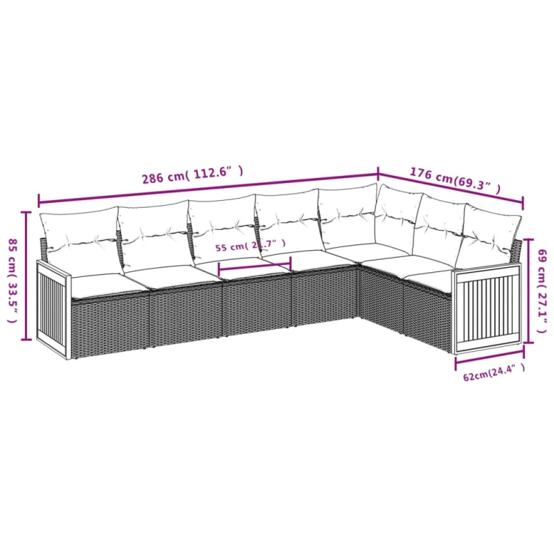 vidaXL 7-daļīgs dārza dīvāna komplekts, matrači, pelēka PE rotangpalma