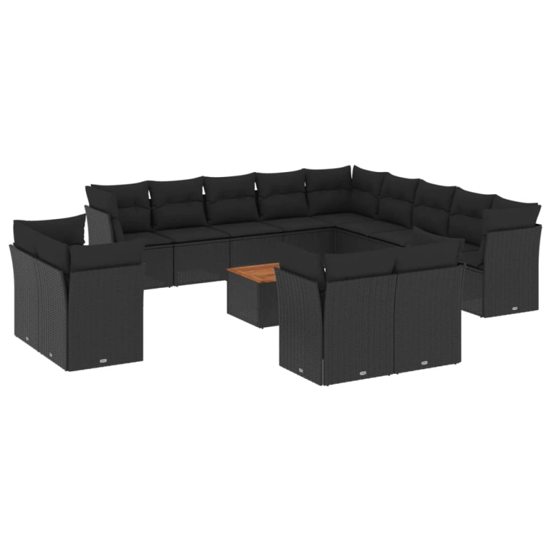 vidaXL 14-daļīgs dārza dīvāna komplekts, matrači, melna PE rotangpalma