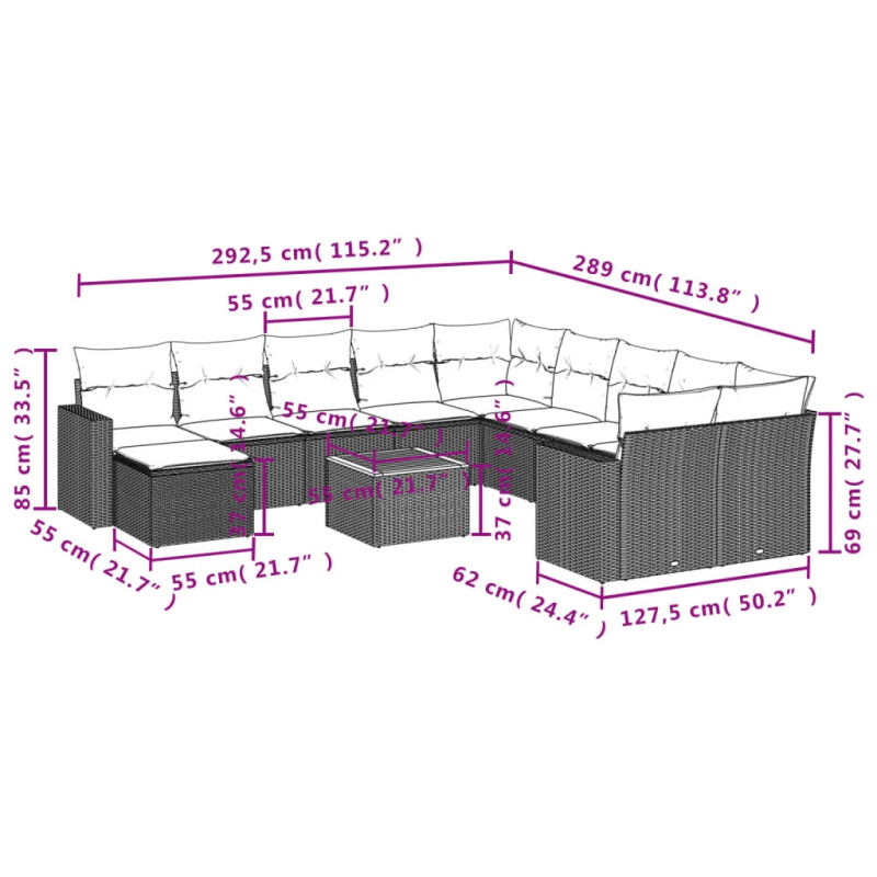 vidaXL 12-daļīgs dārza dīvānu komplekts, matrači, melna PE rotangpalma
