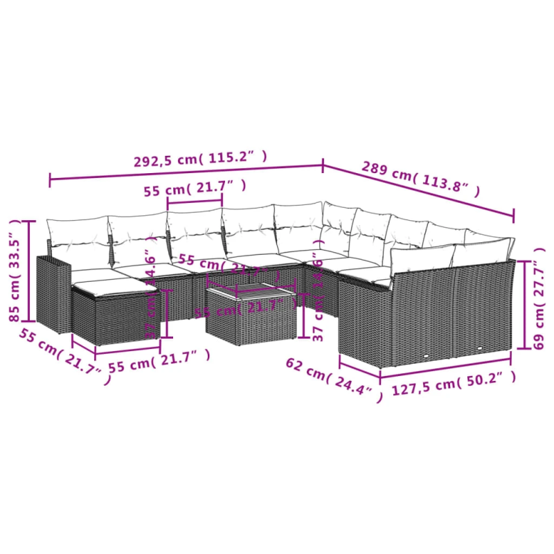 vidaXL 12-daļīgs dārza dīvāna komplekts, matrači, bēša PE rotangpalma