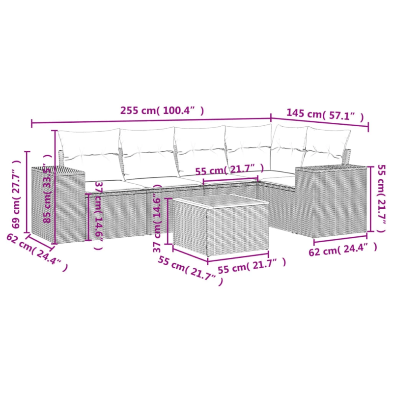 vidaXL 6-daļīgs dārza dīvāna komplekts ar matračiem, pelēks PE pinums