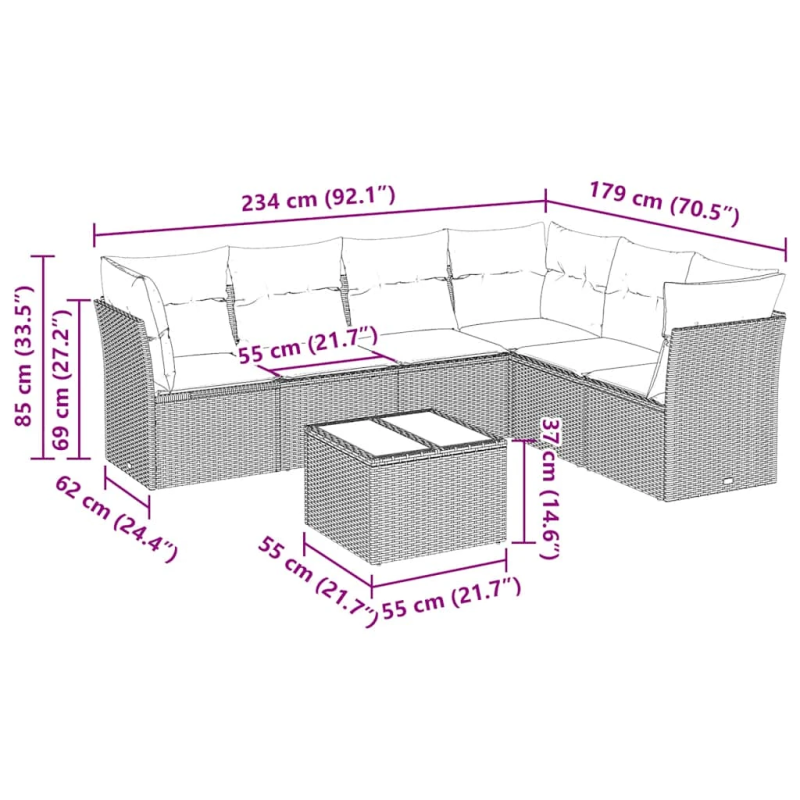 vidaXL 7-daļīgs dārza dīvāna komplekts ar matračiem, melna PE