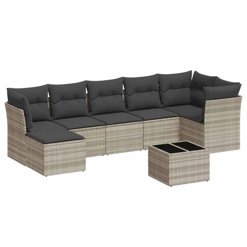 vidaXL 8-daļīgs dārza dīvāna komplekts,matrači, gaiši pelēka PE pinums